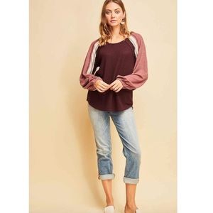 $ FIRM 🌷Burgundy Thermal Contrast Sleeve Top